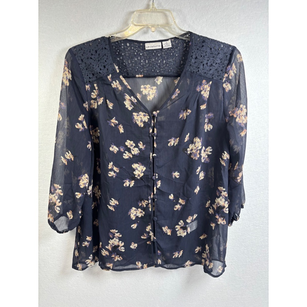 Liz Claiborne Blouse Womens L Navy Floral Sheer Lace Yoke 3/4 Sleeve Boho